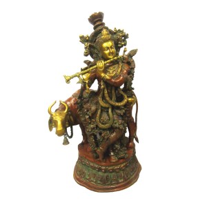 KRISHNA DE PIE  VACA EN LATON  40 X 25 X 73 CM 